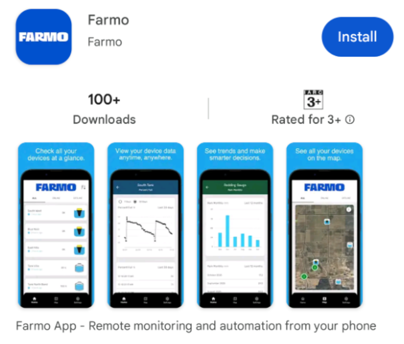 Farmo app installation screen with app icons and features on a white background