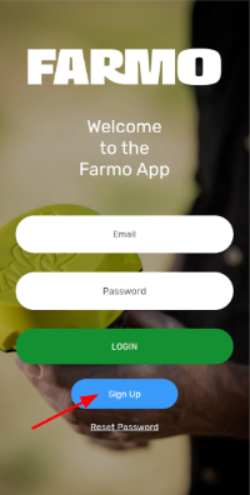 Farmo app login screen with the sign-up button highlighted.
