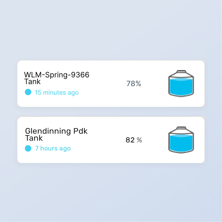 Two tank status indicators showing water levels with icons and timestamps on a light blue background.