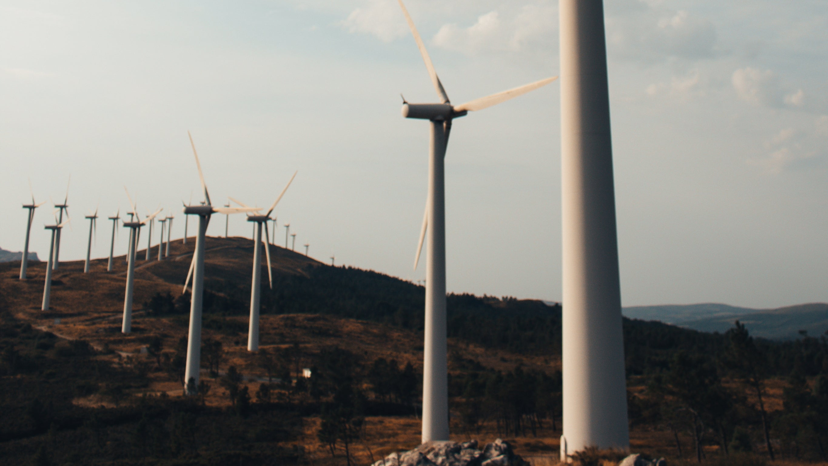Wind turbines on a hillside with a clear sky